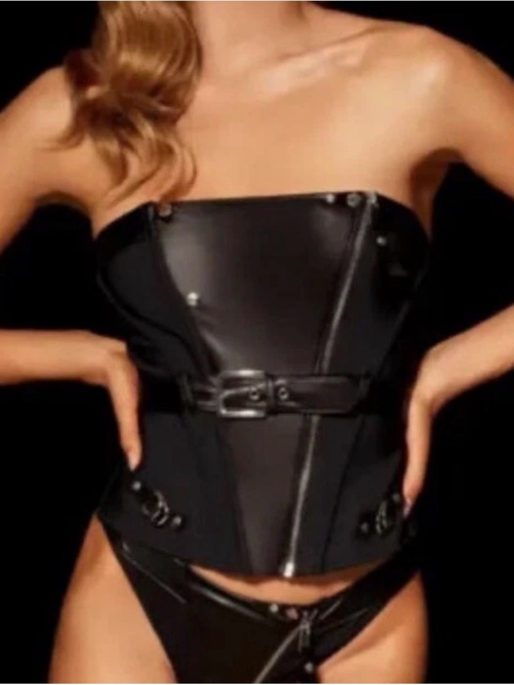 Honey Birdette Black Strapless Leather-Look Corset Top
